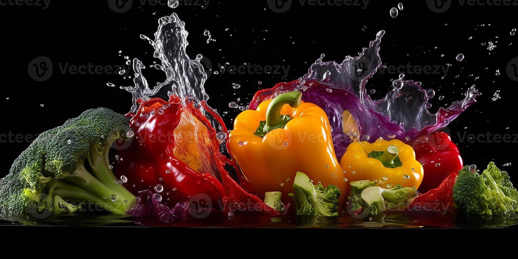 Flying fruits and vegetables splashes in to clear water on dark background. Fresh healthy food concept. . photo