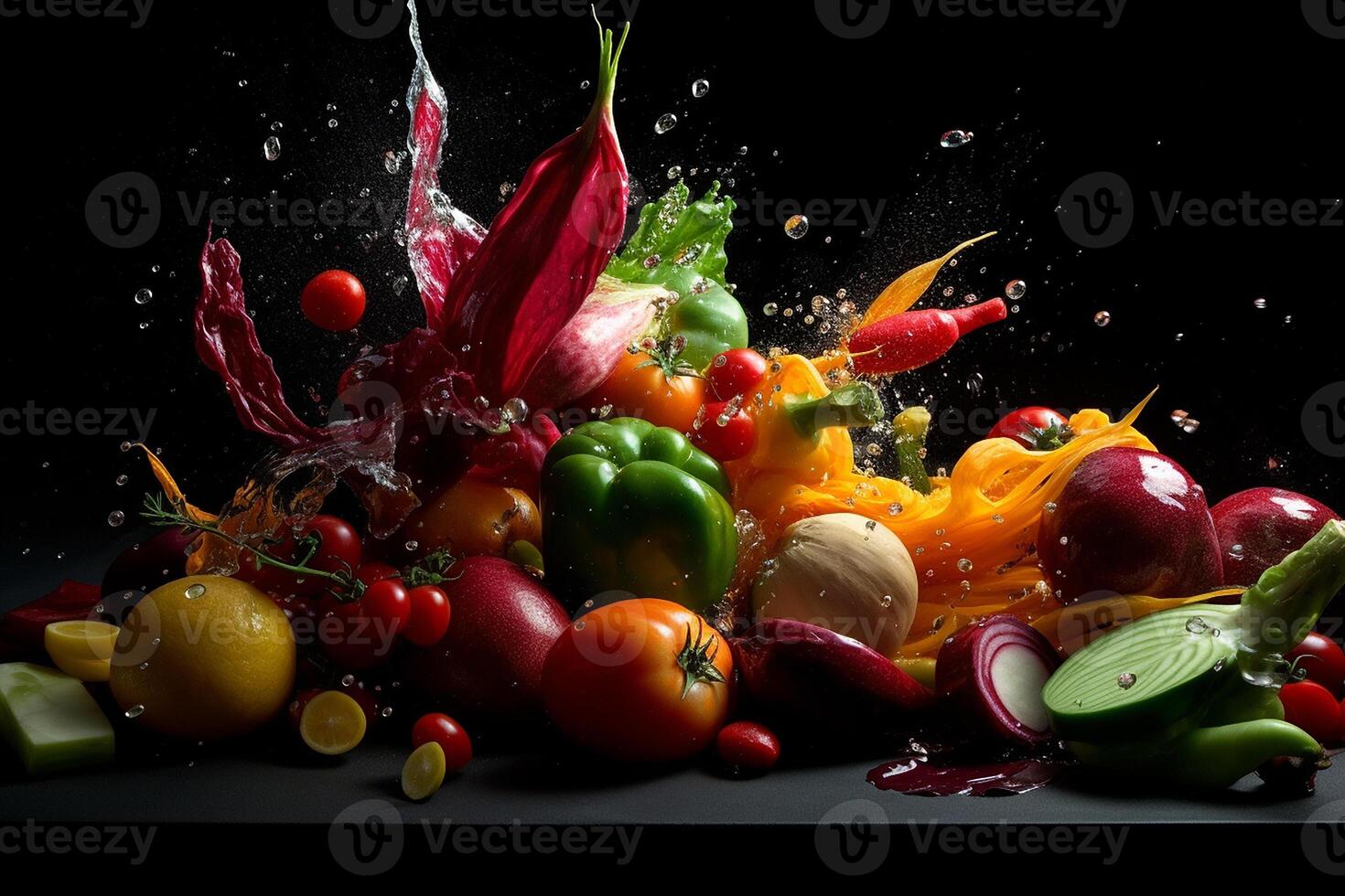 Flying fruits and vegetables splashes in to clear water on dark background. Fresh healthy food concept. . photo