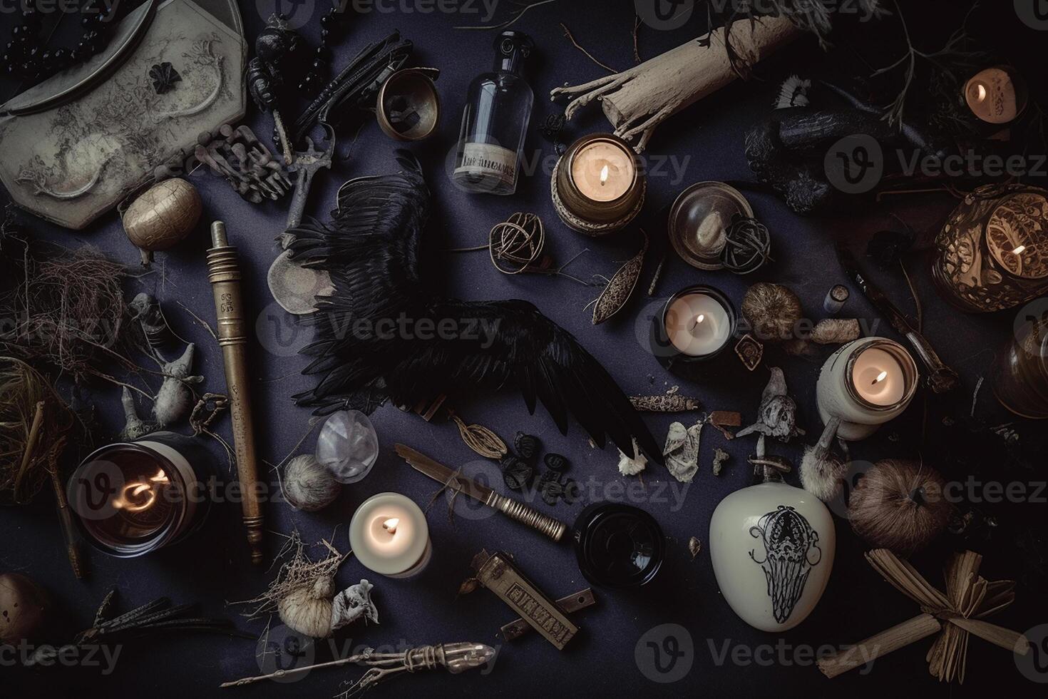 Halloween rustic ornament flatlay composition. Halloween decor on dark wooden background. . photo