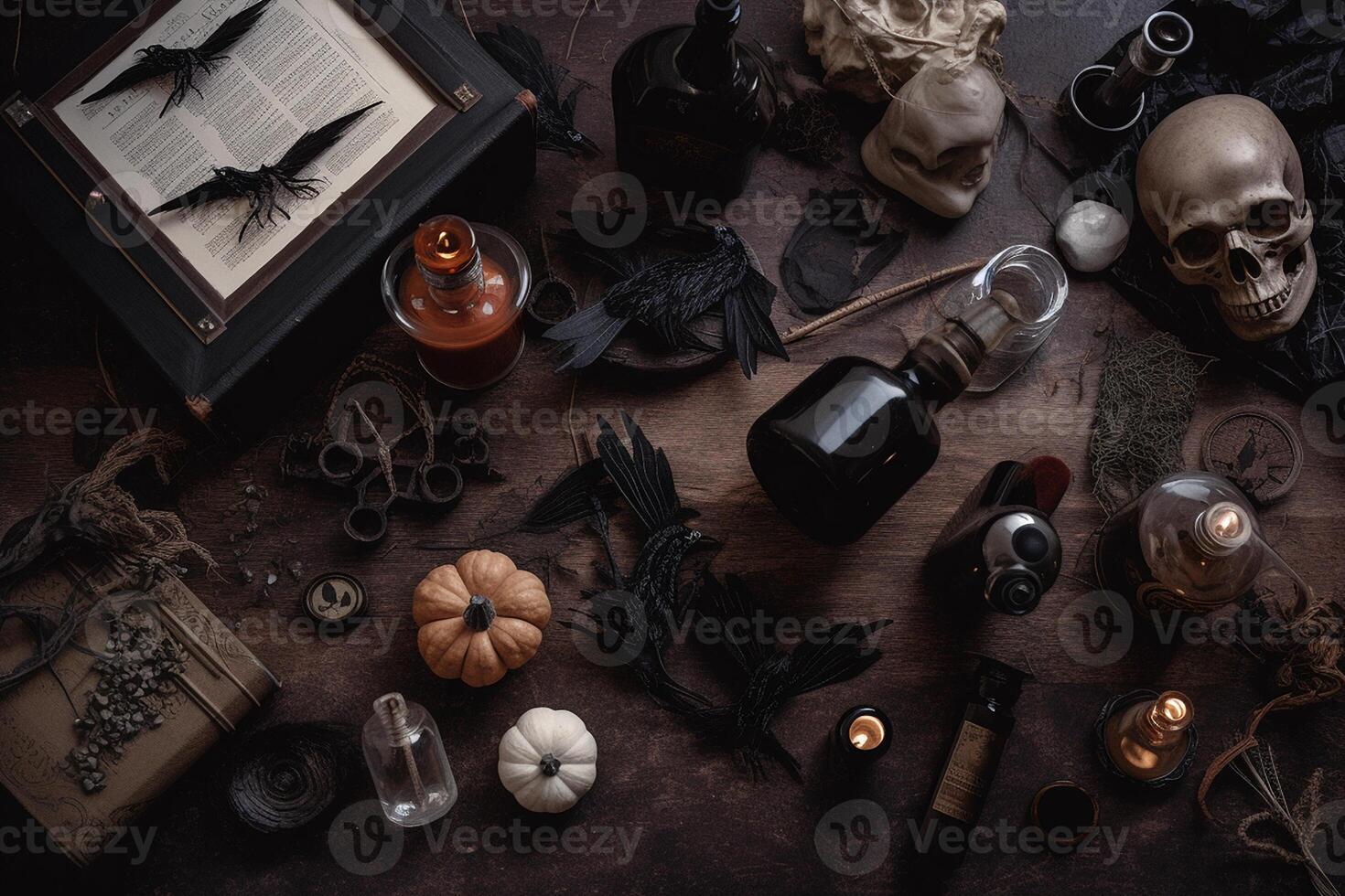 Halloween rustic ornament flatlay composition. Halloween decor on dark wooden background. . photo