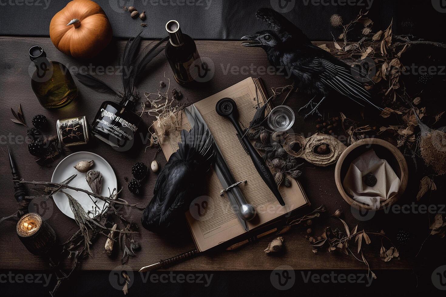 Halloween rustic ornament flatlay composition. Halloween decor on dark wooden background. . photo
