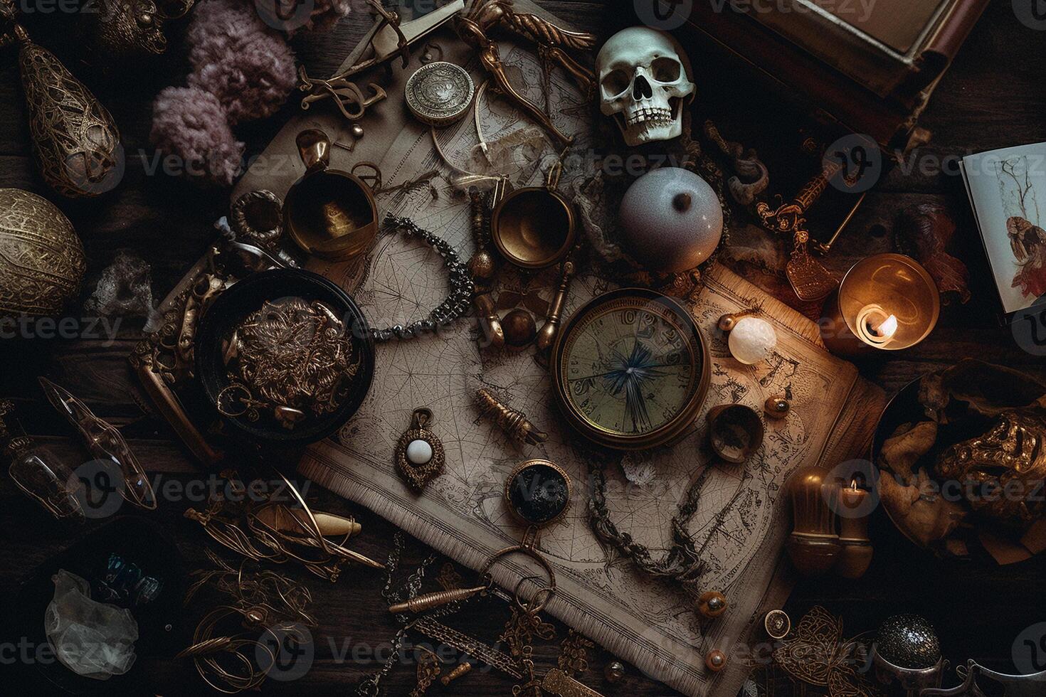 Halloween rustic ornament flatlay composition. Halloween decor on dark wooden background. . photo