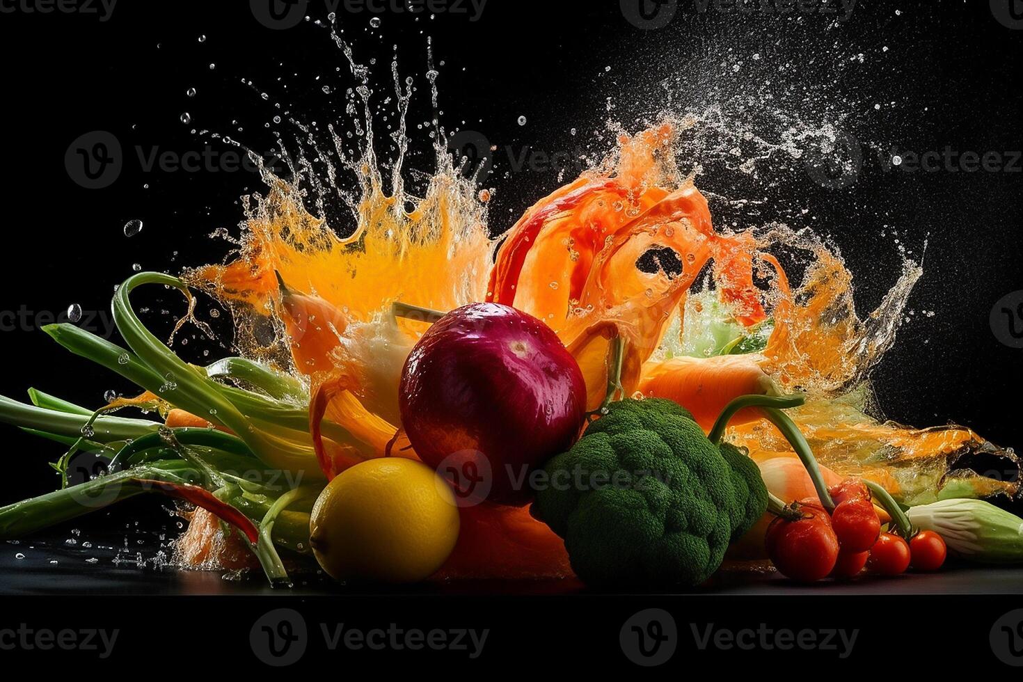 Flying fruits and vegetables splashes in to clear water on dark background. Fresh healthy food concept. . photo