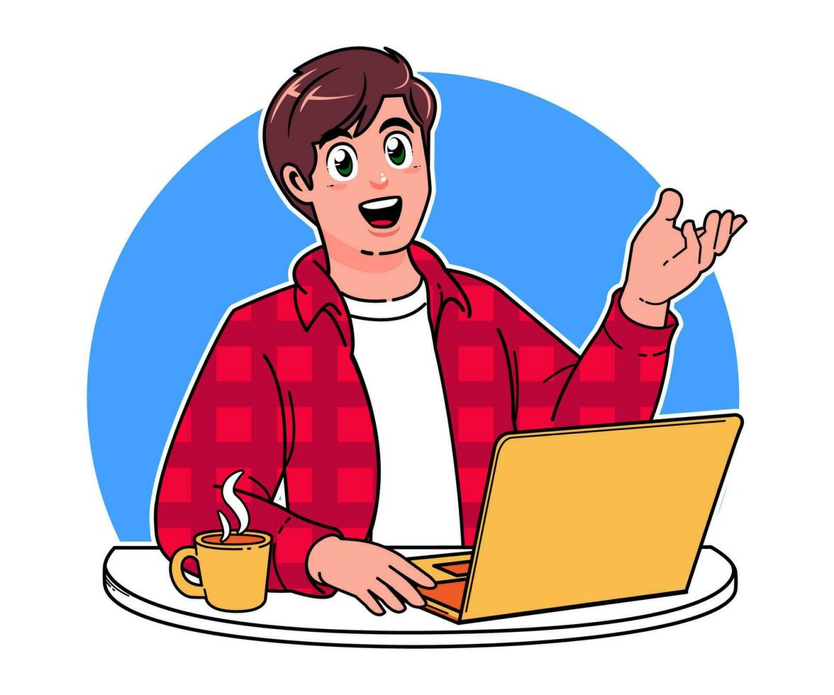 a focused man working on a laptop with a cup of coffee vector