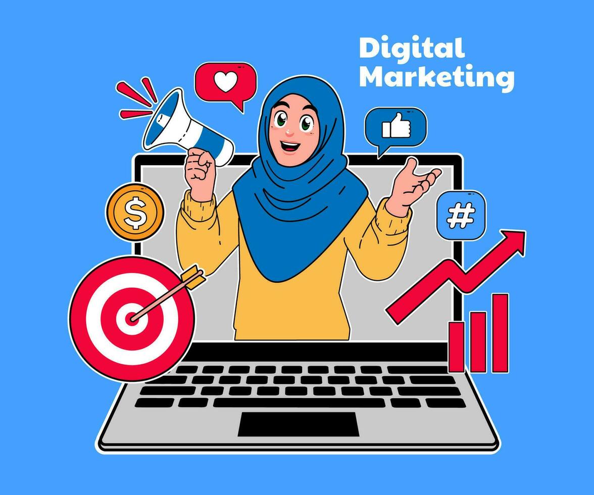 digital márketing ilustración, un mujer vistiendo un hijab es promoviendo con un megáfono vector