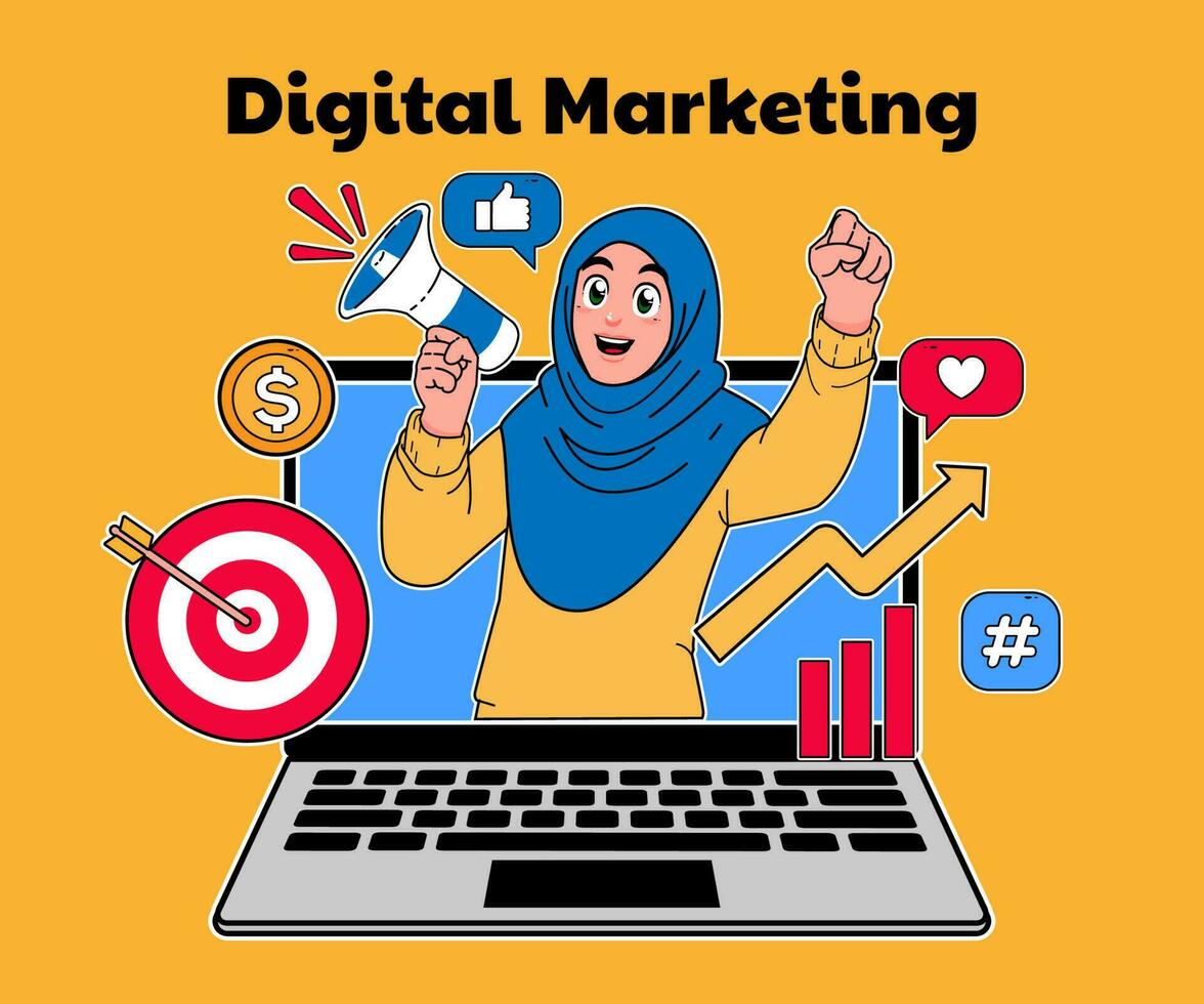 digital marketing illustration, a woman wearing a hijab is promoting with a megaphone vector
