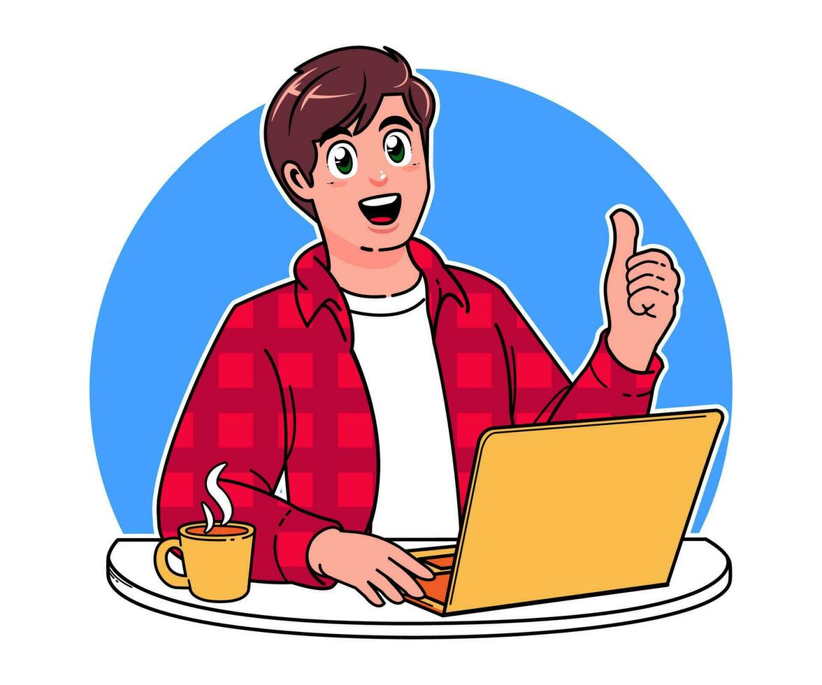 a focused man working on a laptop with a cup of coffee vector