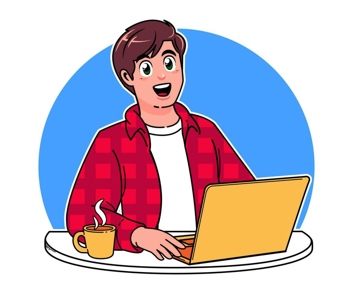 a focused man working on a laptop with a cup of coffee vector