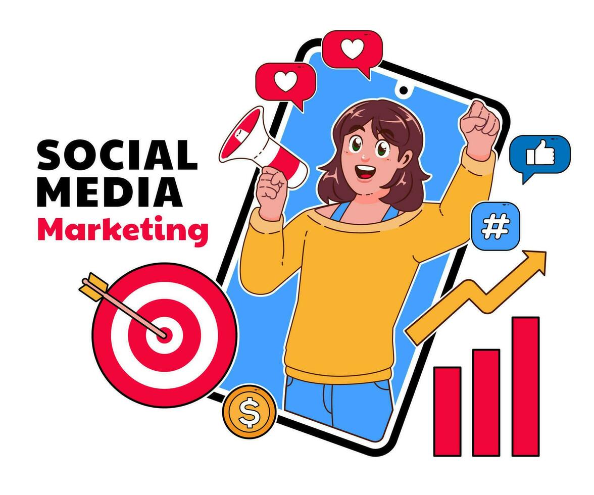 social media marketing illustration, woman screaming with megaphone vector