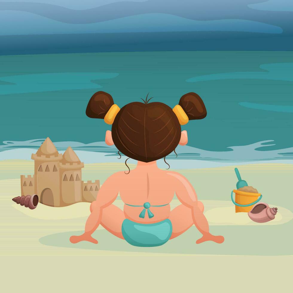 pequeño niña se sienta en el playa y obras de teatro en el arena. niño es edificio arena castillo. arena juegos. vector ilustración. dibujos animados.