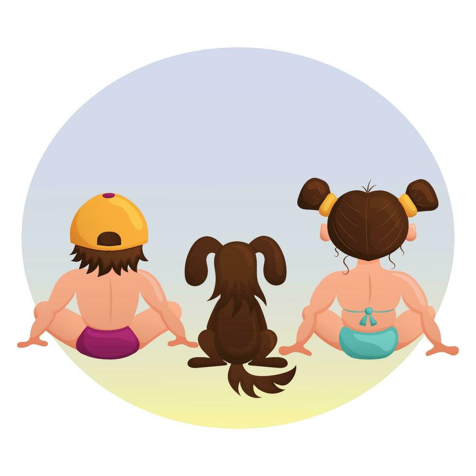 joven niños juntos con el perro acecho el mar puesta de sol. linda ilustración de chico, chica, y perro en el playa. vetor dibujos animados. vector