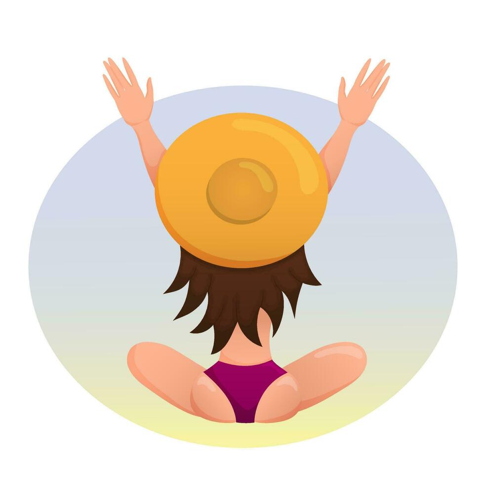 Young girl with hat sits on the beach and looks out over the horizon. Summer illustration with cute brunette on the beach. Vector illustration.