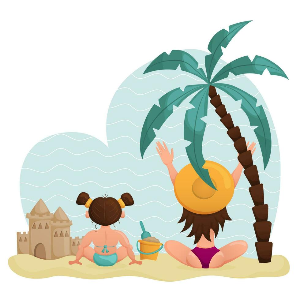 mamá y hija relajante en el playa. familia vacaciones a el playa. vacaciones. vector ilustración. dibujos animados.