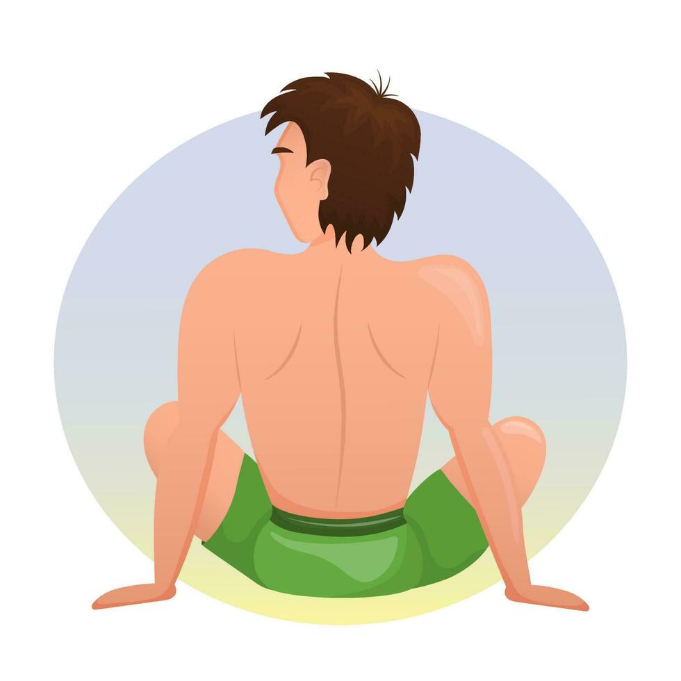 Cute guy sitting on the beach and sunbathing. Summer illustration of a relaxing man on the beach. Vector illustration.