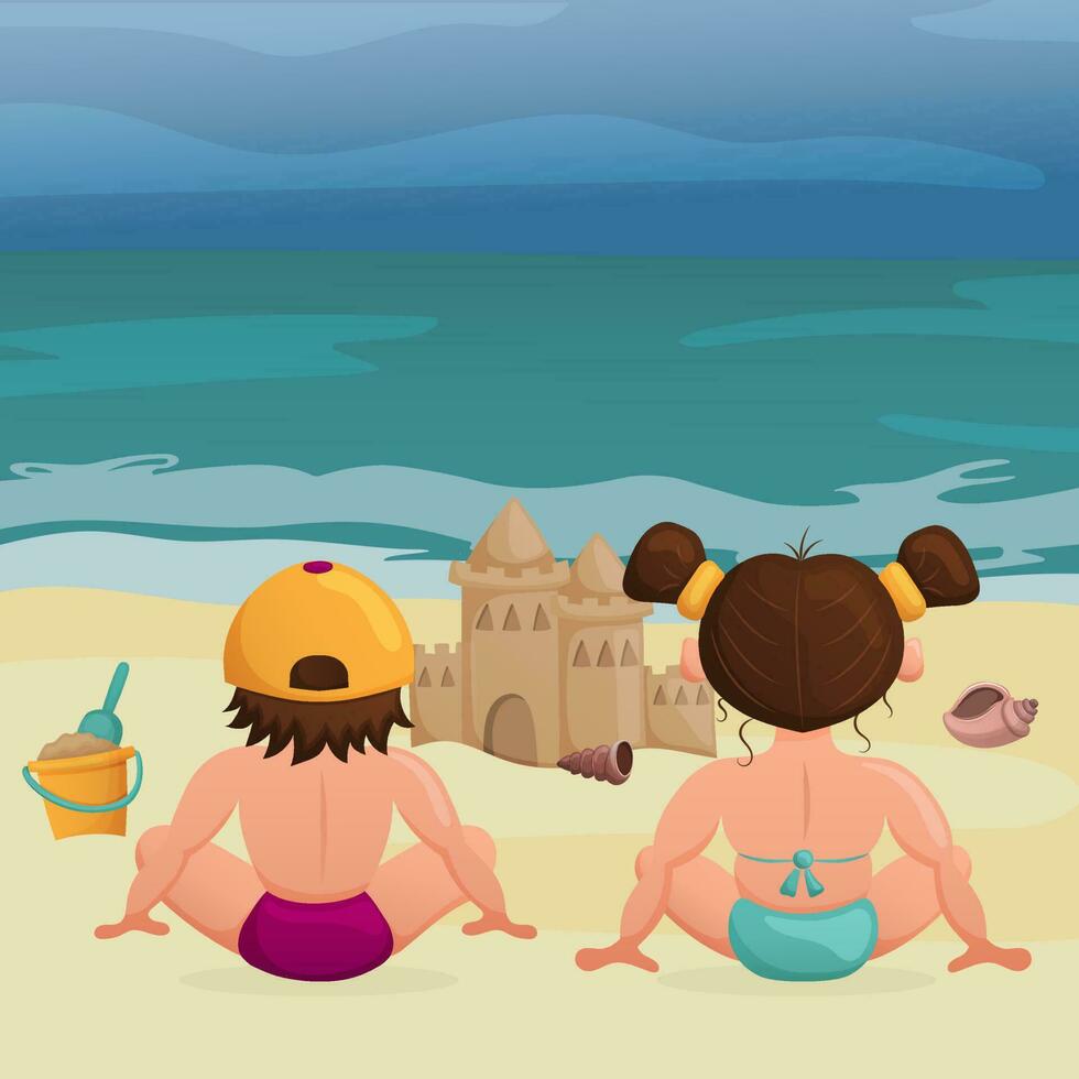 Cute kids - a boy and a girl sitting on the beach and looking at the sea. A brother and sister have built a sandcastle on the ocean. Flat vector illustration.