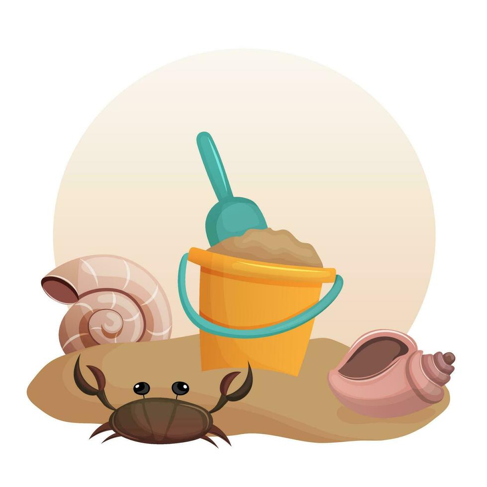 Yellow Bucket with shovel for playing on the beach and building sand castles. Vector illustration. Cartoon.