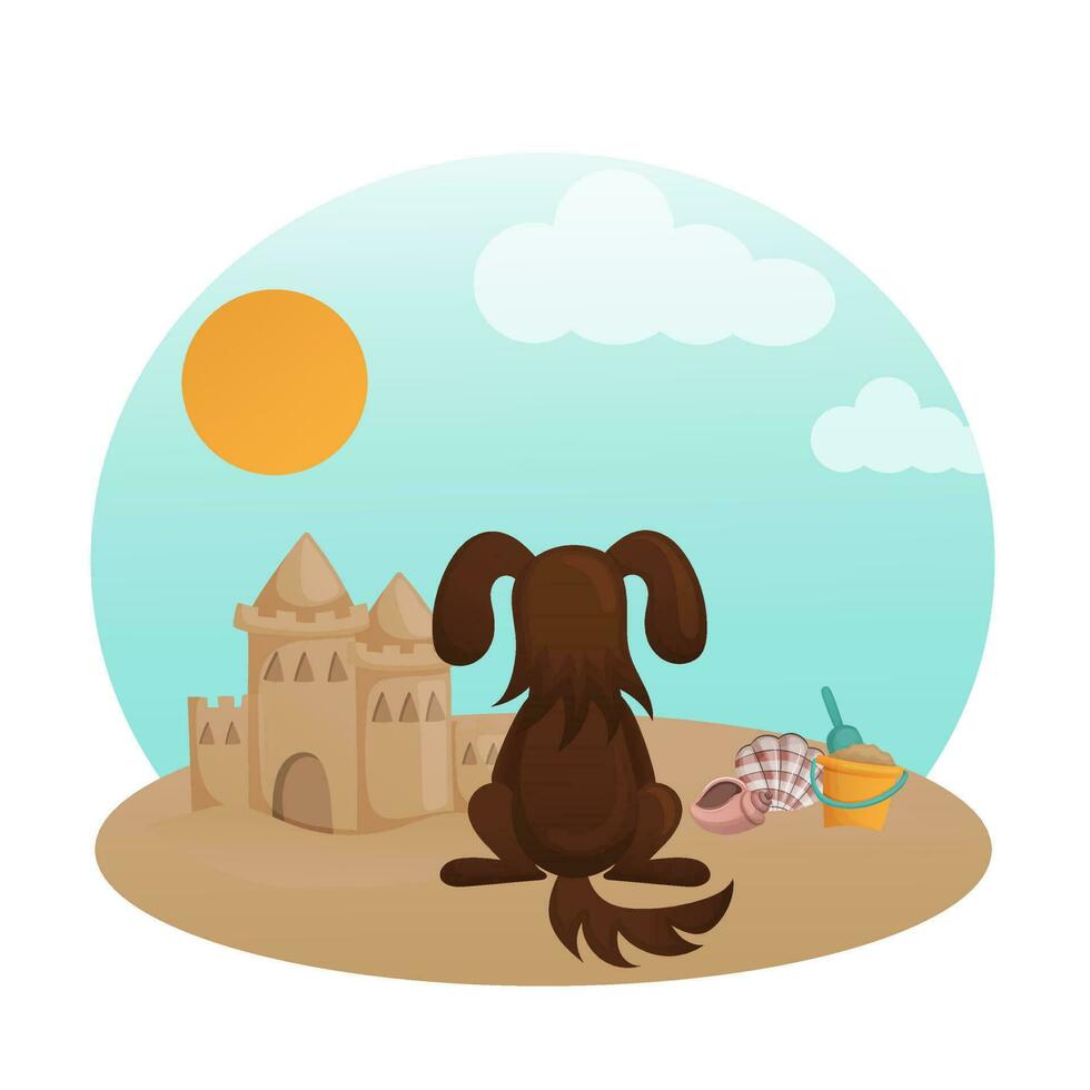 el marrón perro se sienta en el playa, mirando fuera a mar y esperando para su maestro. linda perrito en el océano. plano vector ilustración.