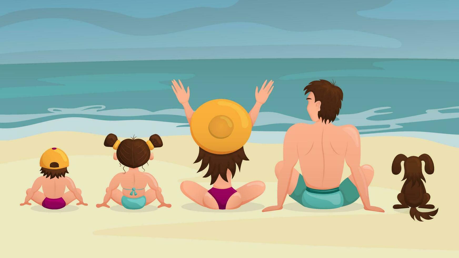 Happy family sits on the beach and looks out to sea. Dad, mom, son, daughter, and dog are relaxing on the ocean. View from the back. Cartoon. Vector illustration.