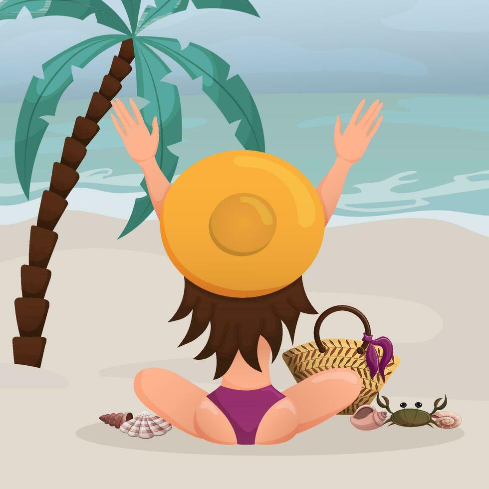 Girl sits against background of the sea and palm trees. Young woman sunbathing on the beach and admiring the sea. Vector illustration. Cartoon.