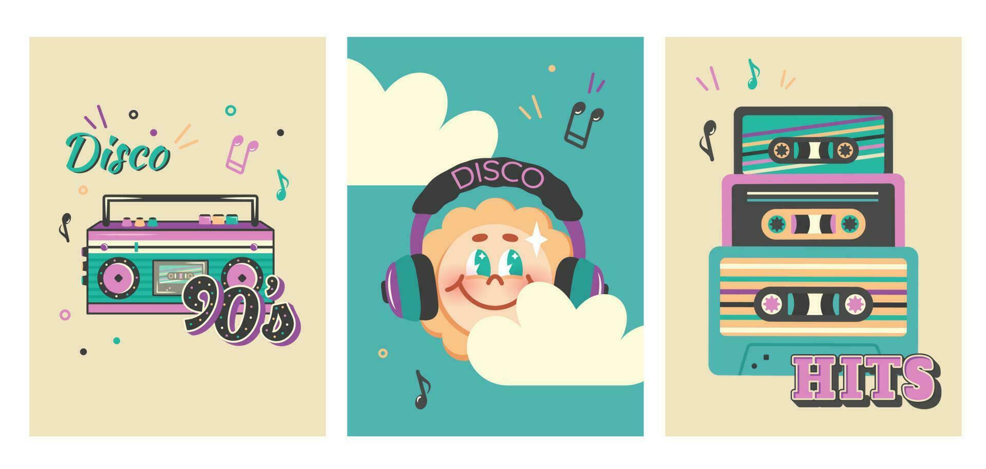 conjunto de moderno retro póster en años 90, años 80, estilo. linda dibujos animados Dom personaje con auriculares, cinta grabadora, casetes fiesta tarjeta plantillas. ocio tiempo, música, aficiones concepto. vector ilustración