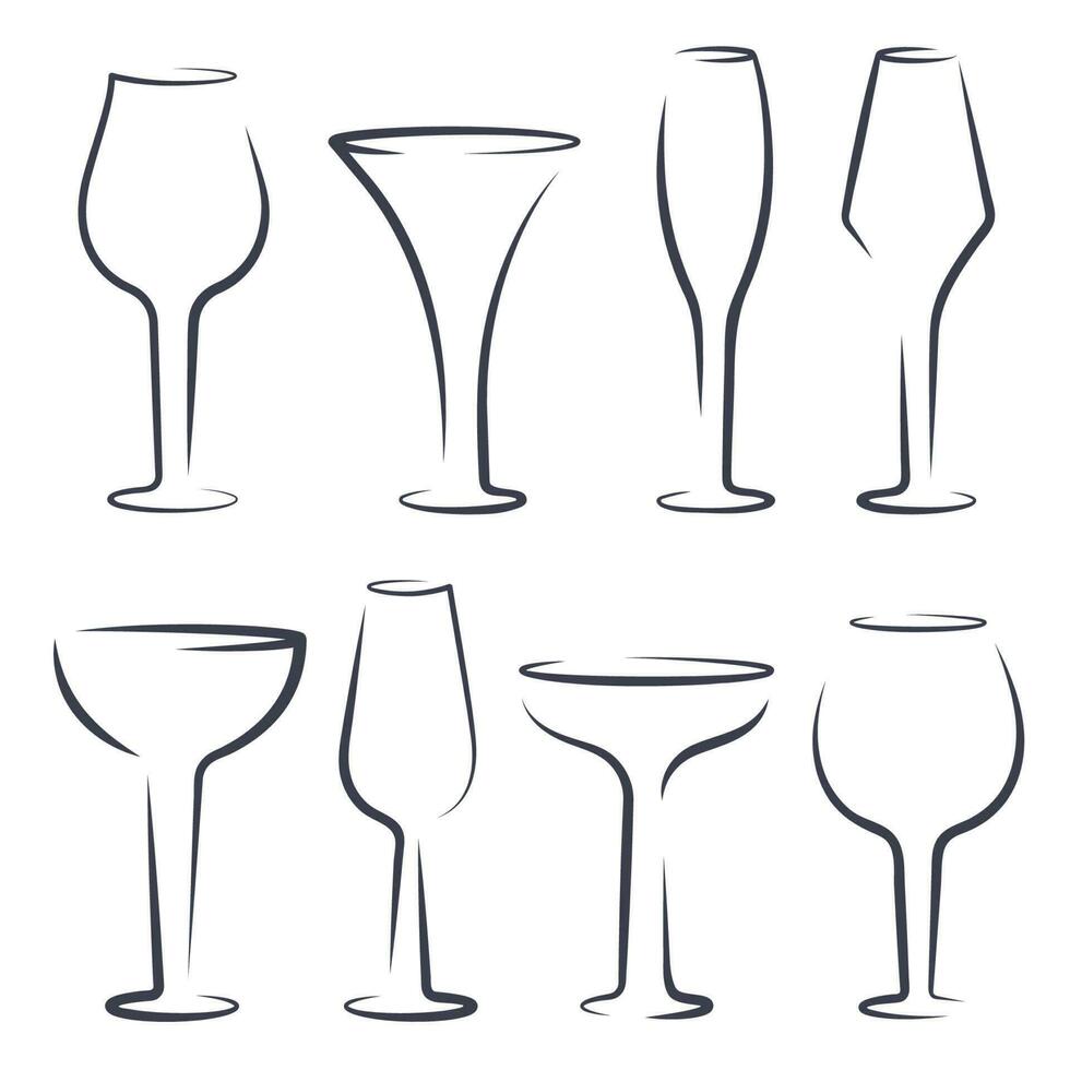 conjunto de siluetas vaso vacío lentes aislado. cristalería de diferente formas para alcohol bebida y cóctel. utensilios para champán, vino, brandy, whisky, coñac, Ginebra. vector plano ilustración