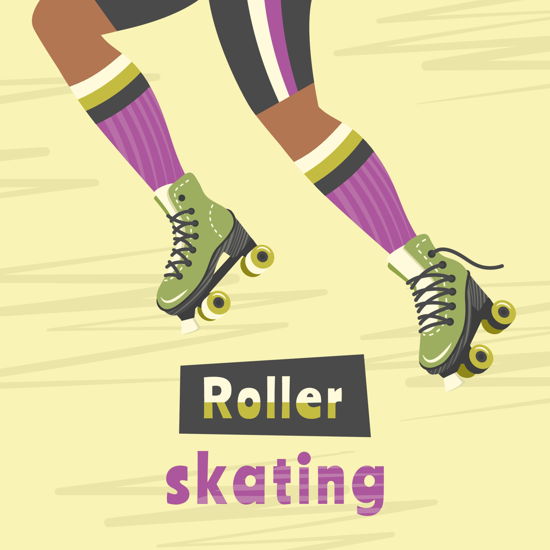 Roller skating. Legs of skater women, pink socks, sportswear. Young girl in  sports shorts rollerblading. Retro poster in 90s, 80s, 70s style. Freedom,  lifestyle concept. Vector flat illustration 24542904 Vector Art at