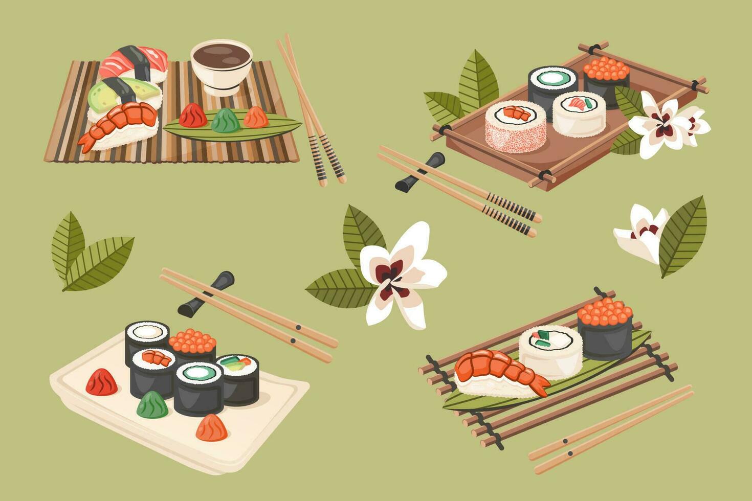 Set of Asian Traditional food isolated. Japanese nigiri sushi maki with fish, shrimp, seafood. National dish closeup with chopsticks, wooden tray. Cooking concept. Vector flat illustration for menu