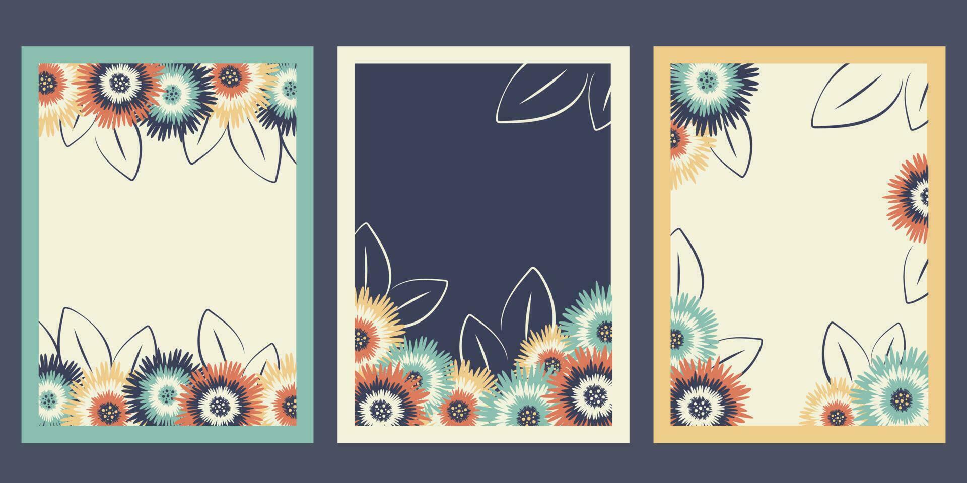 Set of floral greeting cards with copy space for text. Flower backgrounds with plants, wildflowers, leaf silhouettes. Vector illustration for banners, posters, greeting template, print