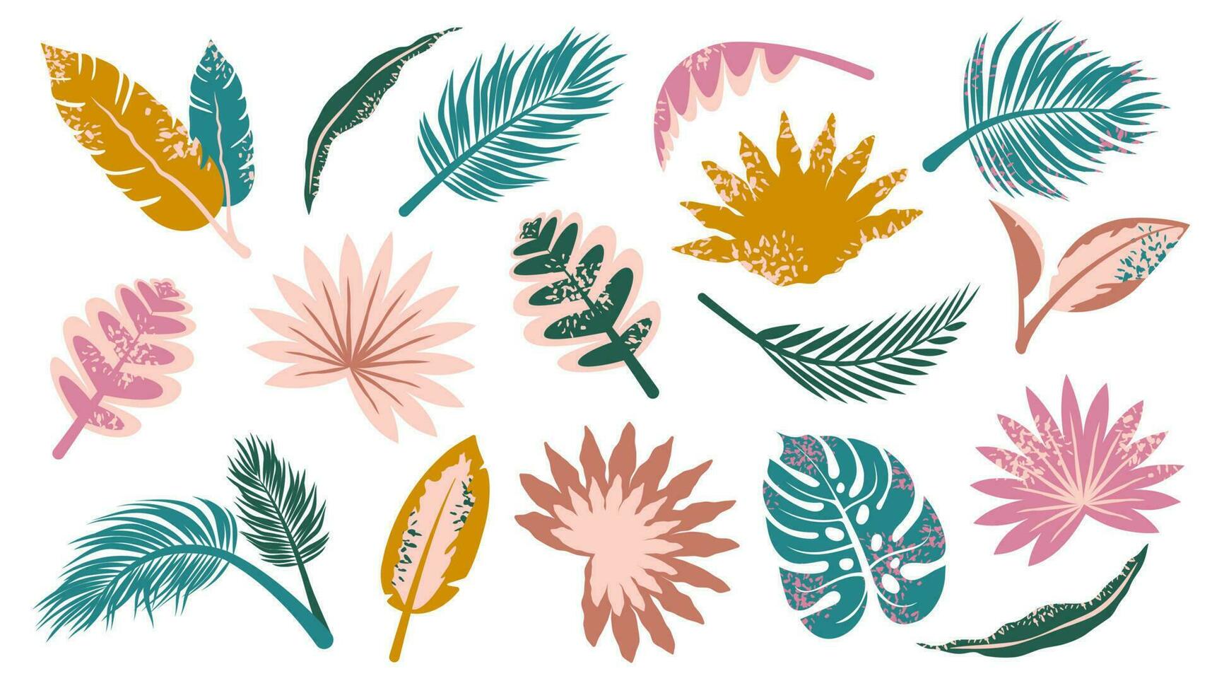 conjunto de exótico tropical hojas. manojo de selva palma hoja aislado. moderno follaje de selva. moderno resumen color naturaleza. vector plano ilustración
