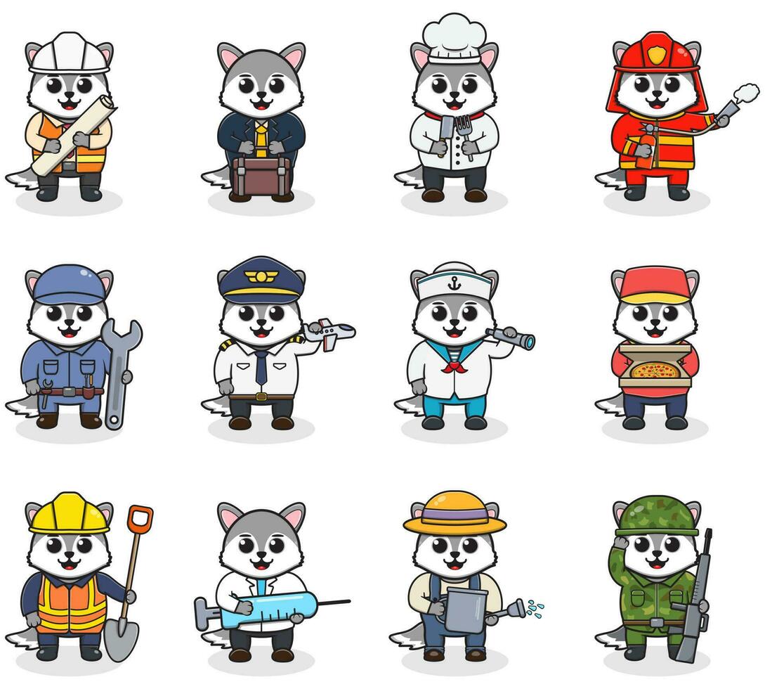 Cartoon Wolf in professional uniform. Vector set of Wolf different professions. Vector characters with jobs different occupation. Different jobs professionals. Isolated vector icon set.