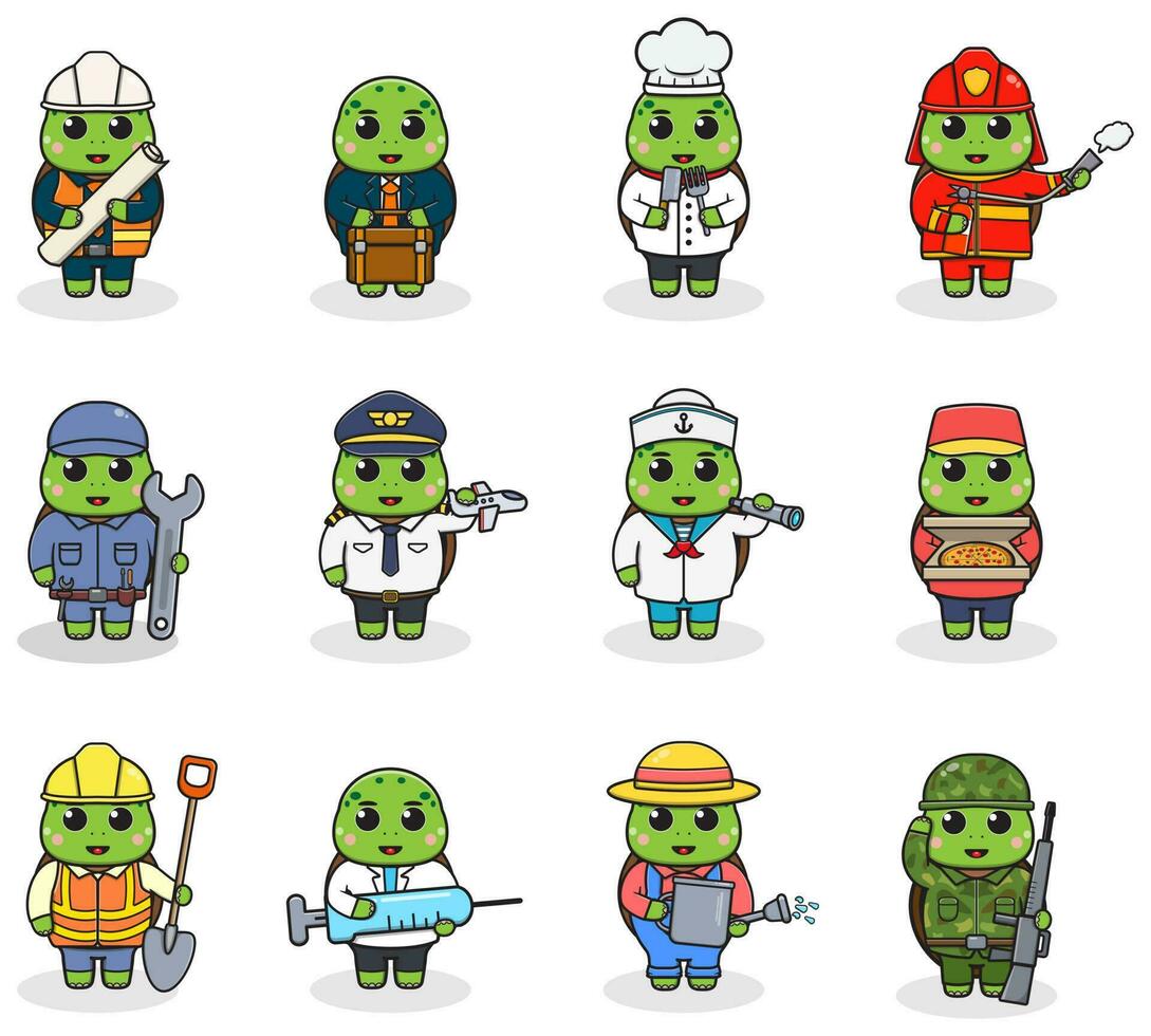 Cartoon Turtle in professional uniform. Vector set of Turtle different professions. Vector characters with jobs different occupation. Different jobs professionals. Isolated vector icons set