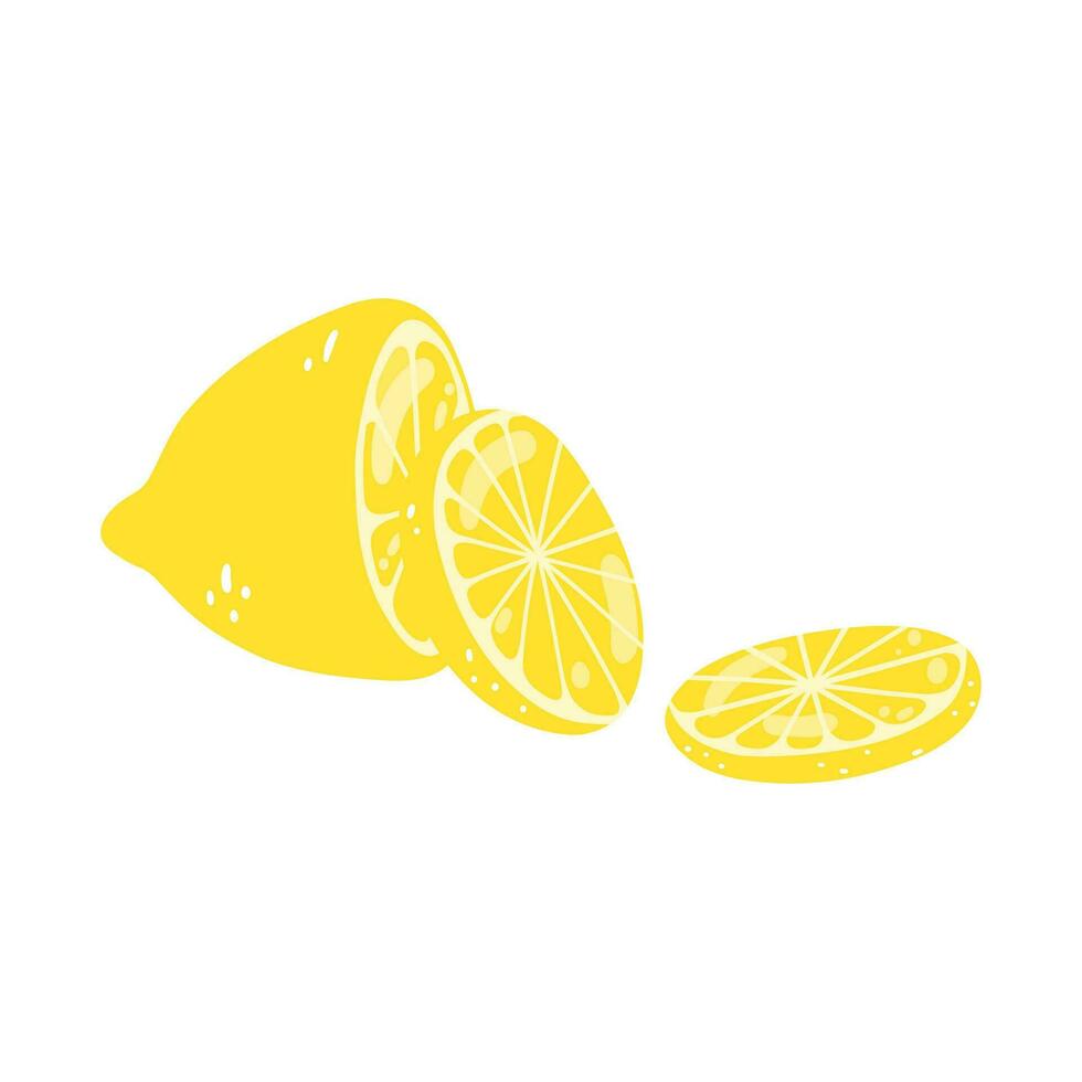 Set of hand drawn lemons. Vector illustration of cut lemon and slices, tasty citrus, healthy food, summer fresh fruit