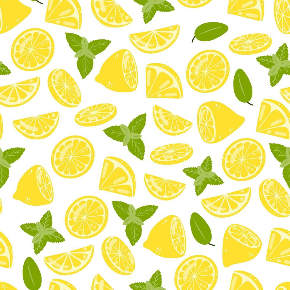 sin costura modelo con limones y menta. vector antecedentes con mano dibujado agrios frutas para envase papel, textil, imprimir, tarjeta