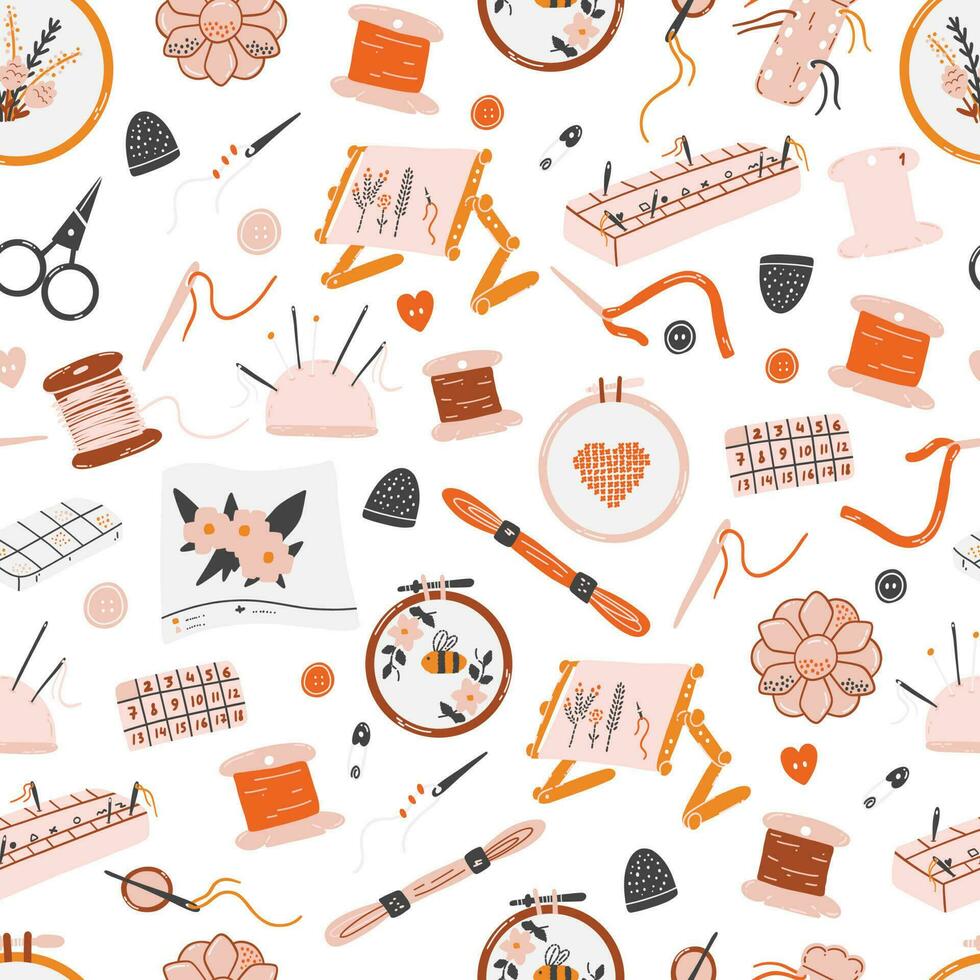 Seamless pattern with needlework tools as scissors, needles, threads, hoops, floss, organizers, bobbins. Concept of sewing, embroidery, handicraft, hobby vector