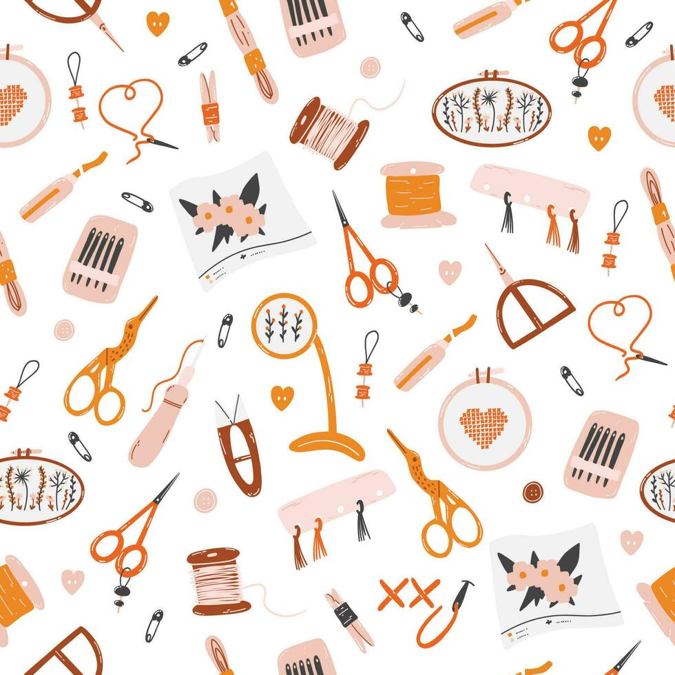 Seamless pattern with needlework tools as scissors, needles, threads, hoops, floss, bobbins. Concept of sewing, embroidery, handicraft, hobby vector