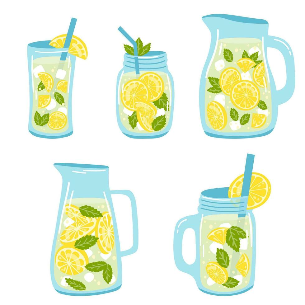 Set of hand drawn jars and glasses with lemonade. Vector illustration of fresh summer drink, tasty health beverage, refreshing citrus drink