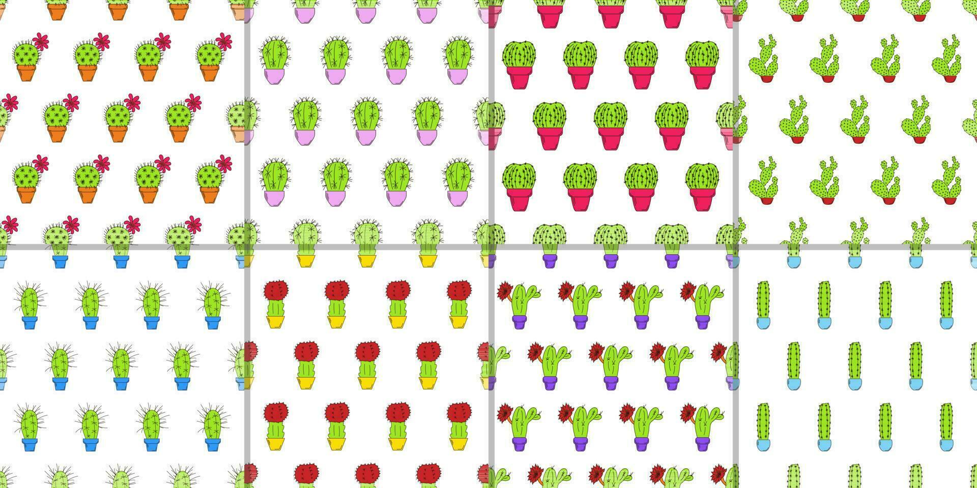 Set of Eight Seamless Patterns with Colored Cacti In Pots with Outline vector