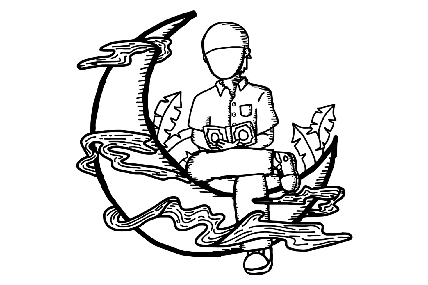 Ramadhan Item Design - Crescent moon and A Muslim Man Is Reading The Holy Quran png