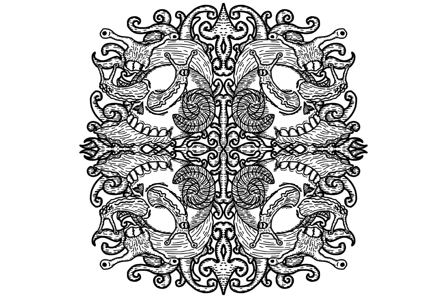 A Snail With Three Heads And A Shell In The Shape Of A DemonSkull Ornament Border Design png