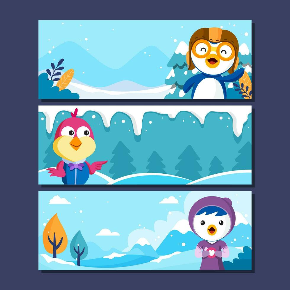 Cute Penguin and Friends Banner Set vector