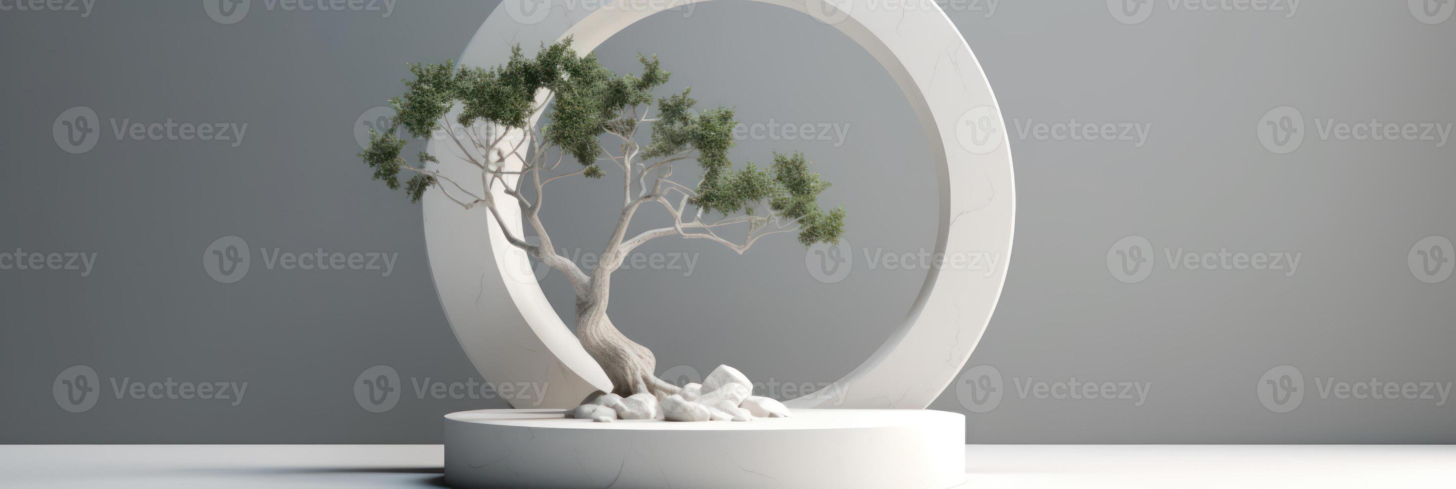 White podium display for product advertising. cosmetic product stand with green leafes decoration. abstract minimal advertise. white background illustration photo