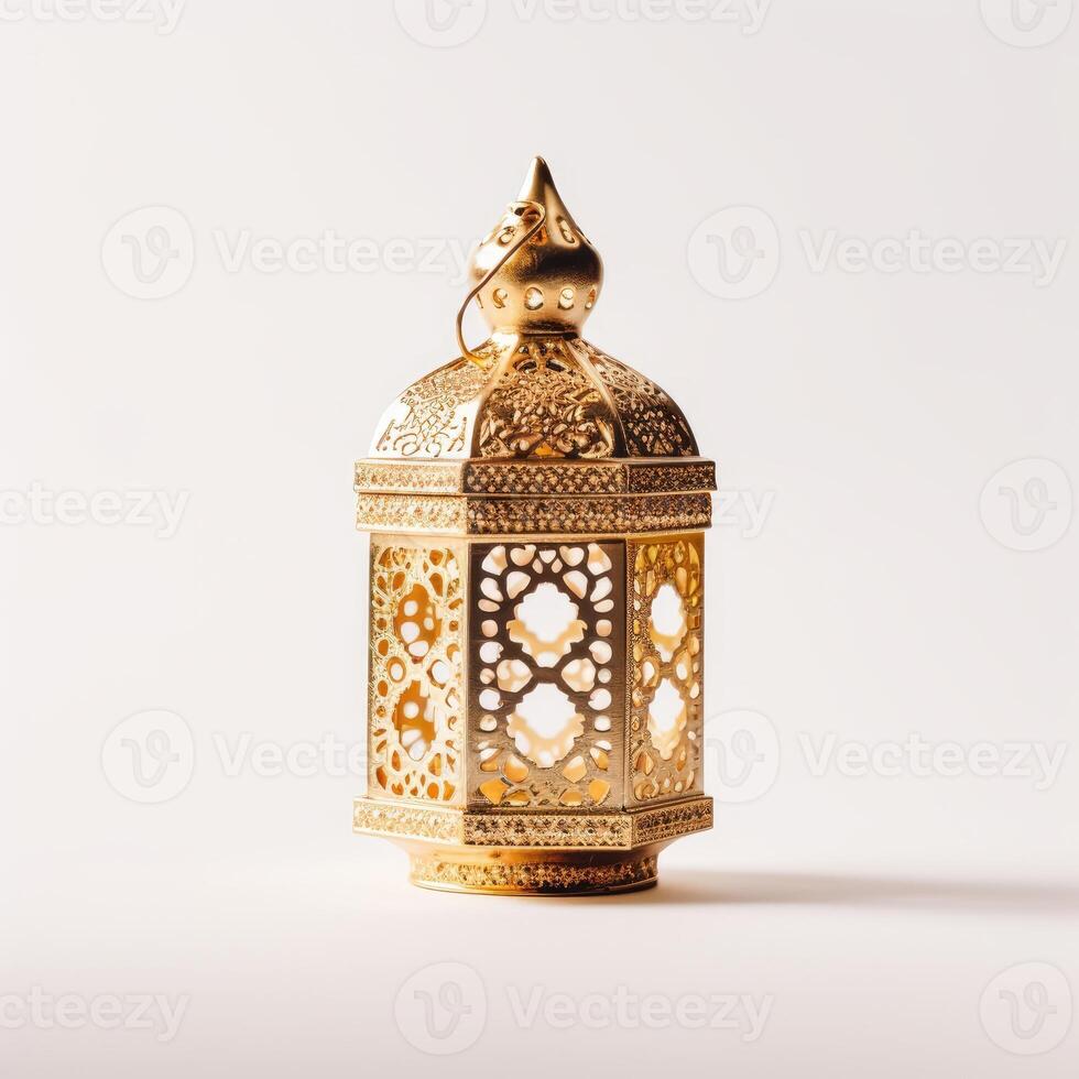 Realistic modern Islamic holiday banner for eid al adha. eid al fitr white background. Golden lantern decoration with space for text. illustration. photo