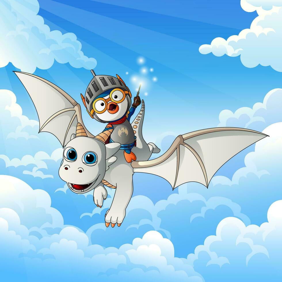 Hero Penguin Flying with White Dragon vector