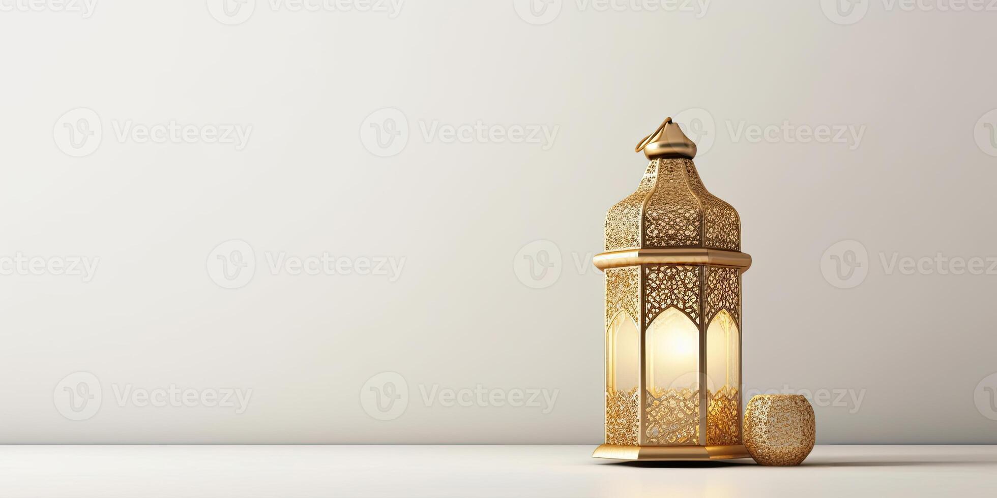 Realistic modern Islamic holiday banner for eid al adha. eid al fitr white background. Golden lantern decoration with space for text. illustration. photo