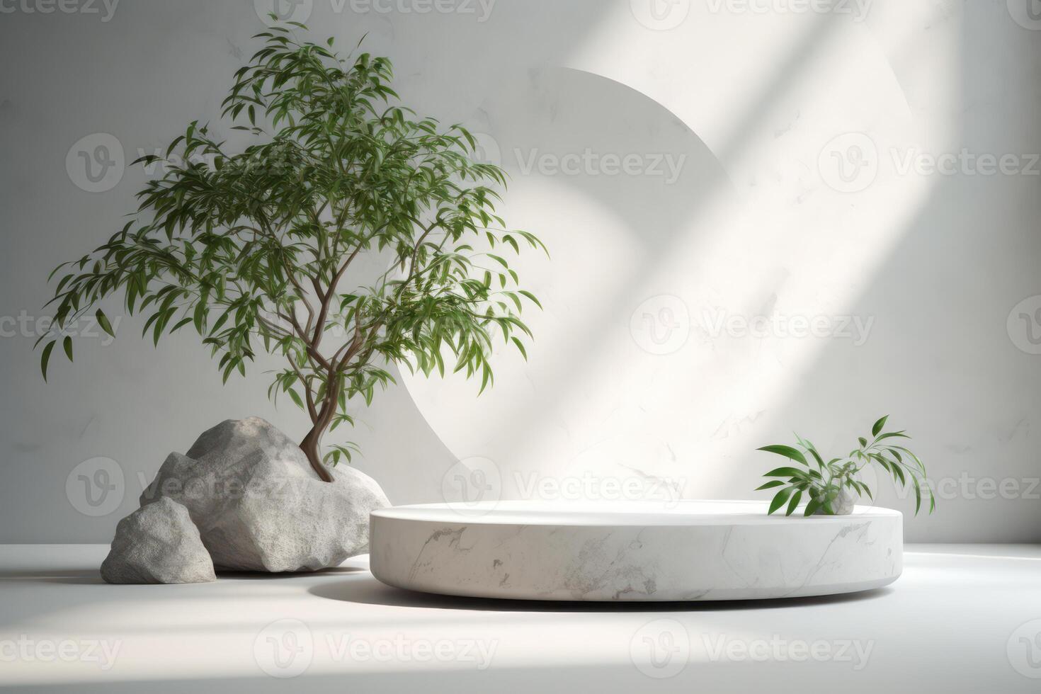 White podium display for product advertising. cosmetic product stand with green leafes decoration. abstract minimal advertise. white background illustration photo