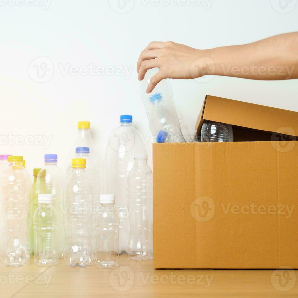 Volunteer keep plastic bottle into paper box at home or office. Hand Sorting Recycle garbage. Ecology, Environmental, pollution, Dispose recycling, waste management and trash Separation concept photo