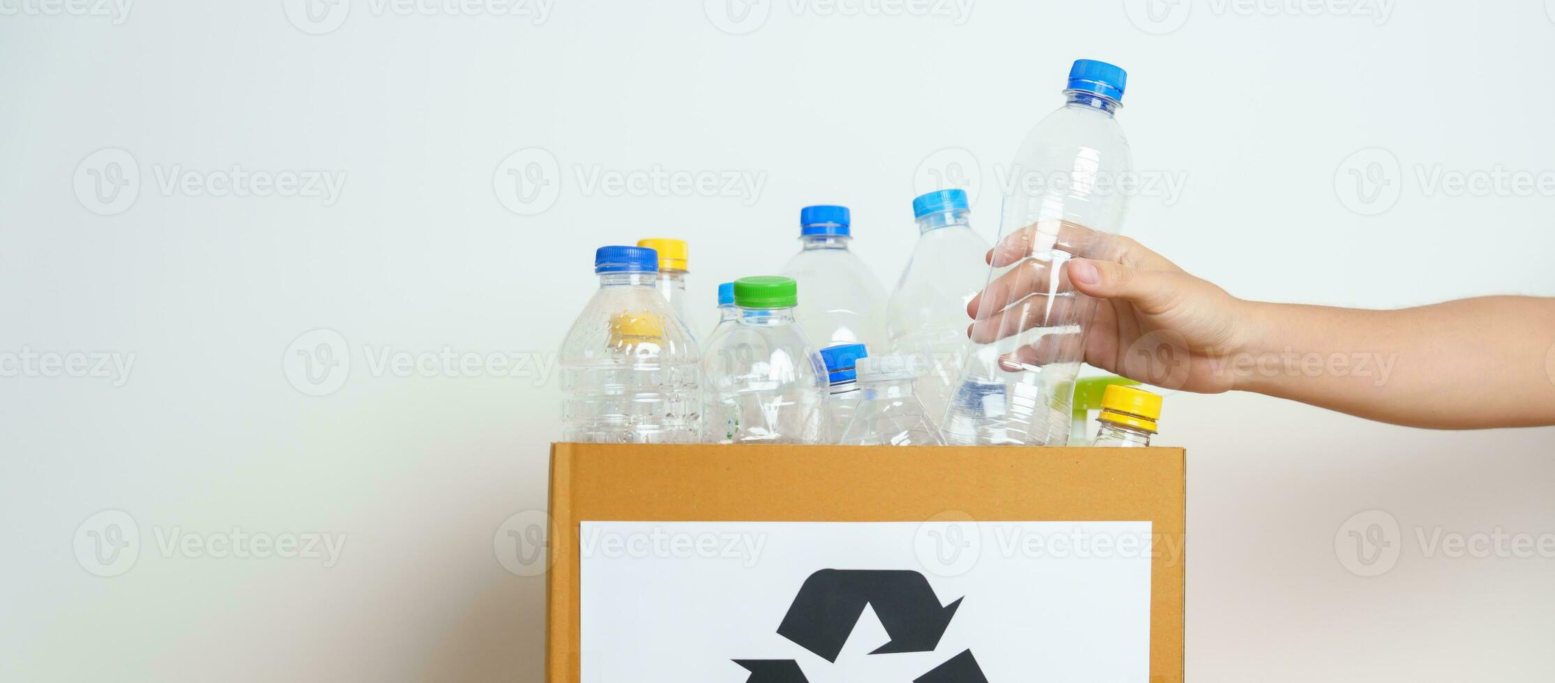 Volunteer keep plastic bottle into paper box at home or office. Hand Sorting Recycle garbage. Ecology, Environmental, pollution, Dispose recycling, waste management and trash Separation concept photo