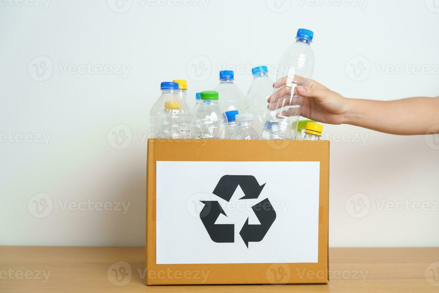 Volunteer keep plastic bottle into paper box at home or office. Hand Sorting Recycle garbage. Ecology, Environmental, pollution, Dispose recycling, waste management and trash Separation concept photo