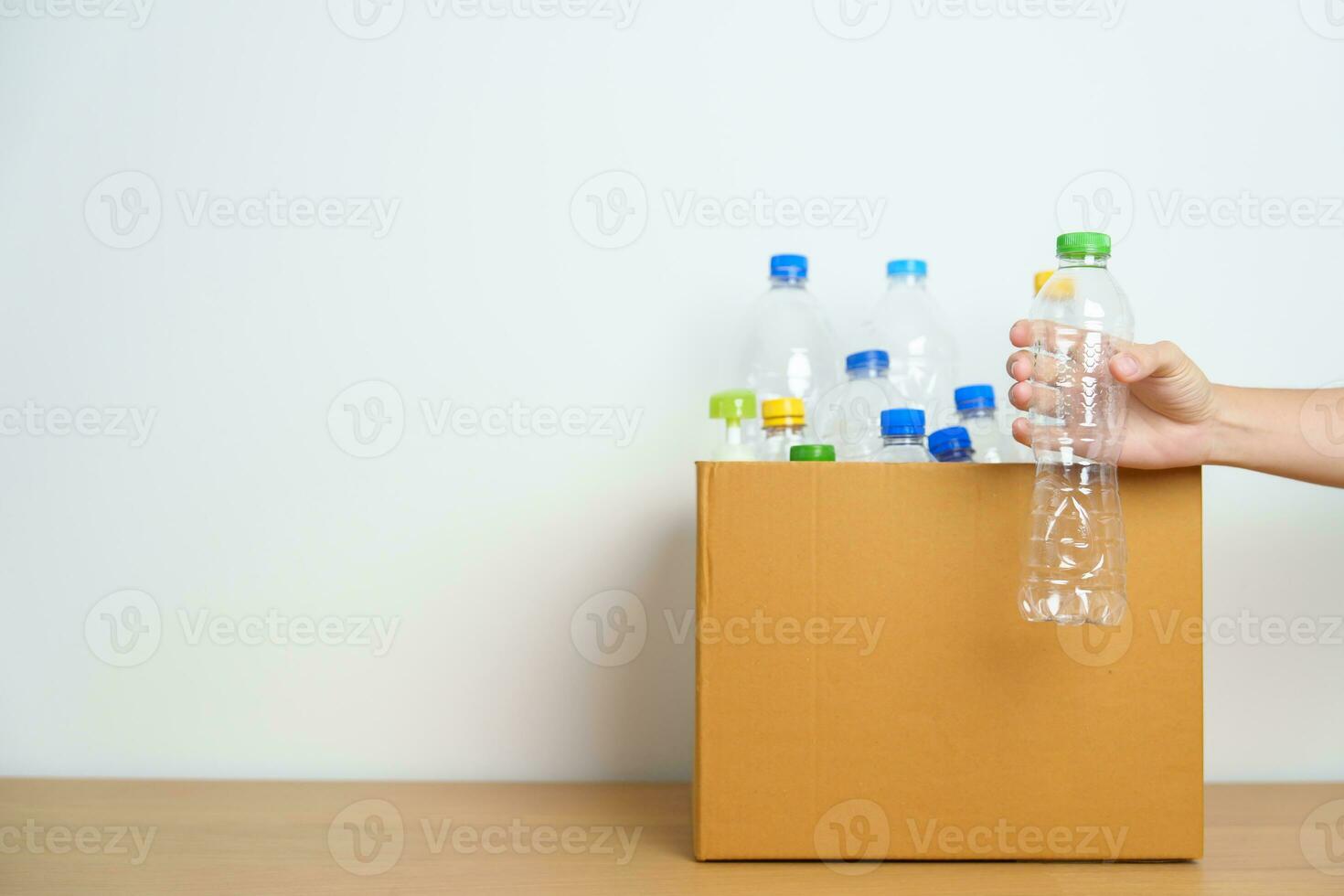 Volunteer keep plastic bottle into paper box at home or office. Hand Sorting Recycle garbage. Ecology, Environmental, pollution, Dispose recycling, waste management and trash Separation concept photo