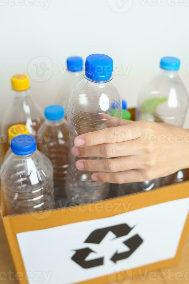 Volunteer keep plastic bottle into paper box at home or office. Hand Sorting Recycle garbage. Ecology, Environmental, pollution, Dispose recycling, waste management and trash Separation concept photo